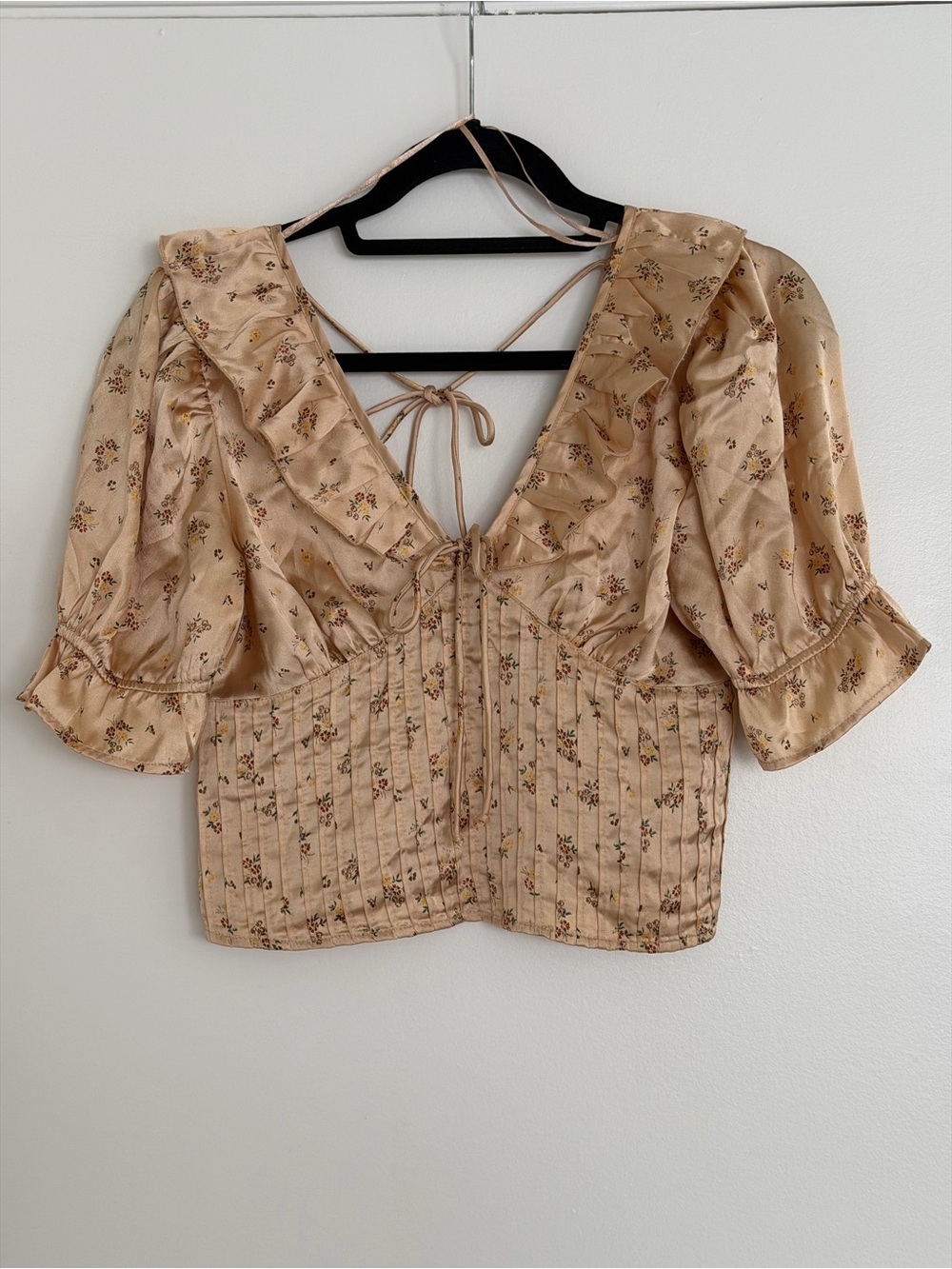 Free People Floral Milkmaid Peasant Top Satin Puff Sleeve - Size XS
